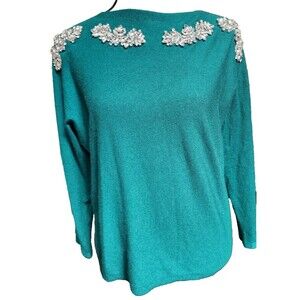 Liv Milano Teal Vintage Rhinestone Sweater Size Large